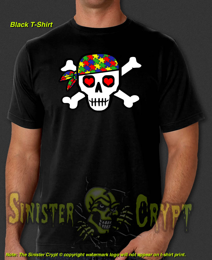 Autism Awareness Support Pirate Skull Design New Black T-Shirt S-6XL