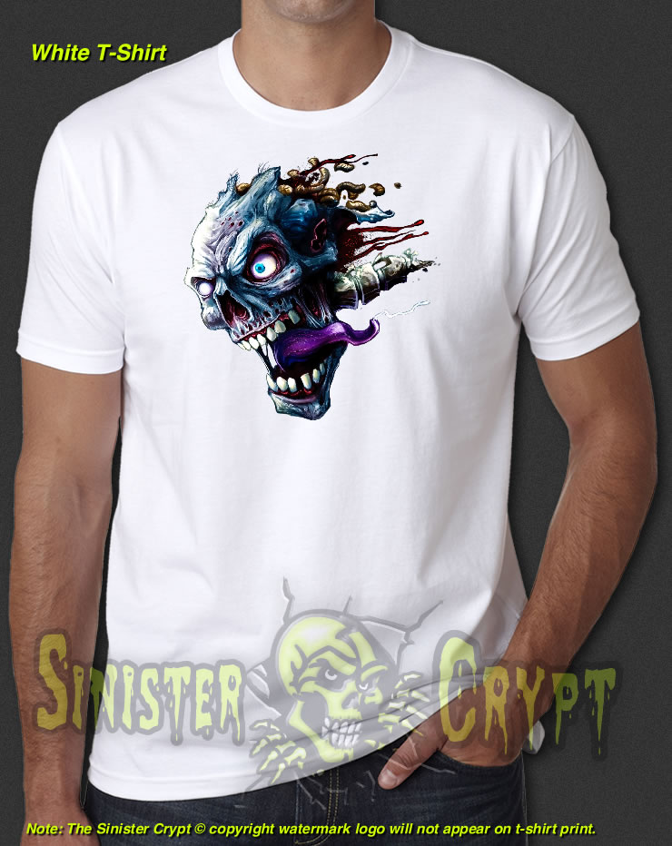 Screaming Skull Zombie White t-shirt featuring a large bold full color print. Makes a great gift!