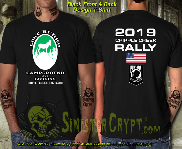 2019 Cripple Creek Rally - Lost Burro Campground Black t-shirt, sizes S-6XL