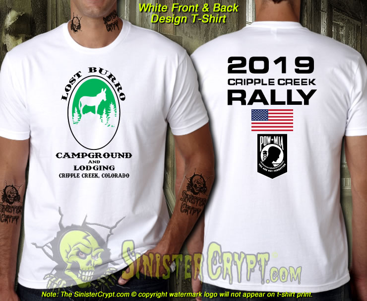 2019 Cripple Creek Rally - Lost Burro Campground White t-shirt, sizes S-6XL
